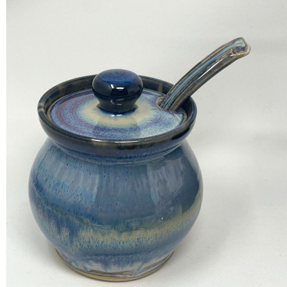 Greg Olson Stoneware Pottery Honey/Gravy Large Pot Blue Glaze Lidded w/Spoon